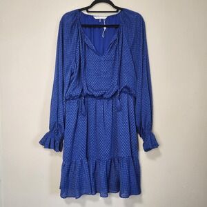 Trina Turk Viti Blue Mini Dress Peasant Boho Tiered Tassel Size XL NWOT Blouson